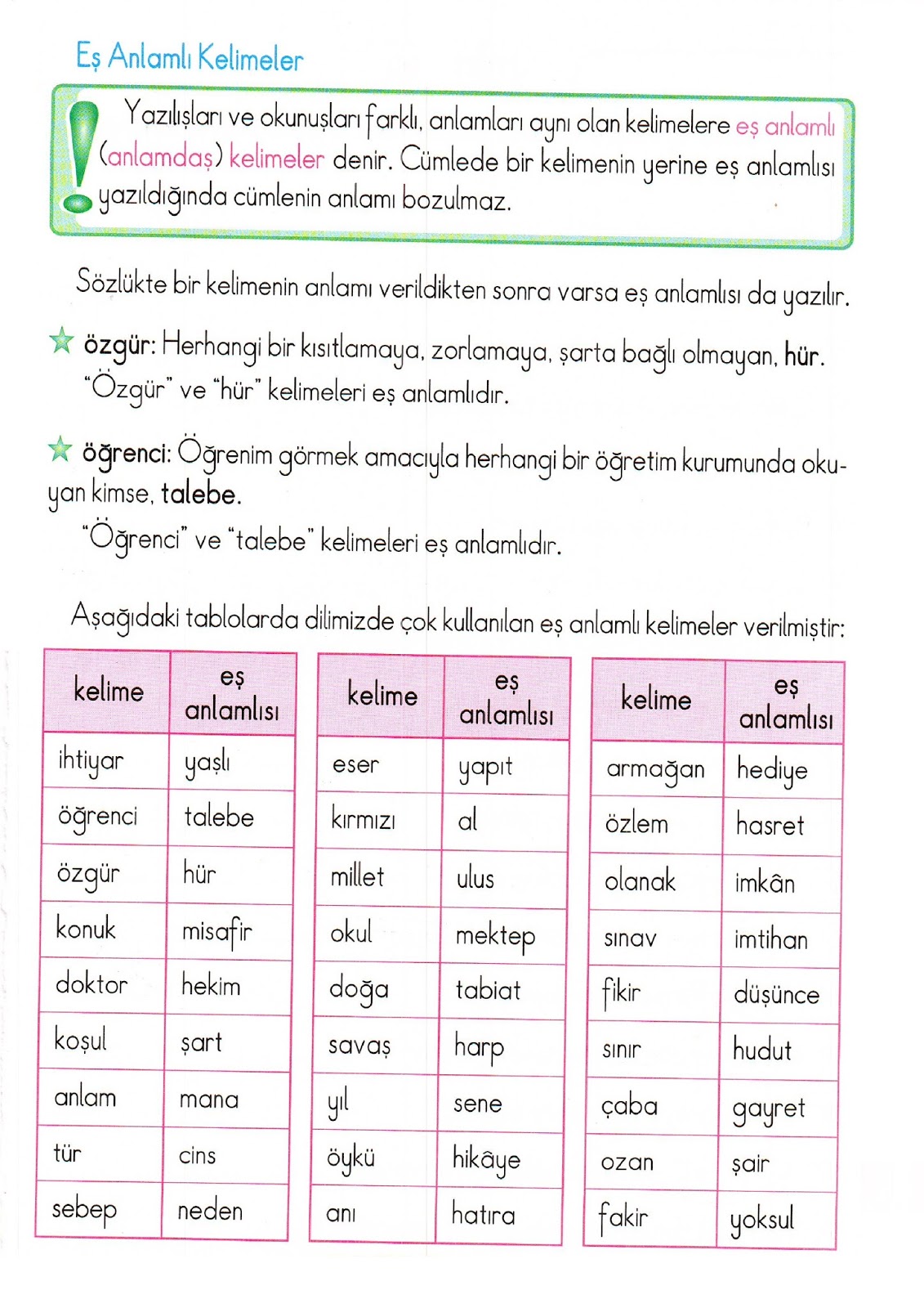 eş anlamlı kelimeler